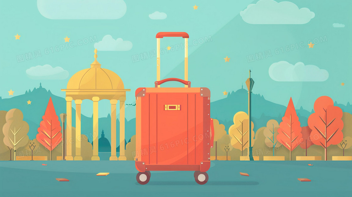 停放路边的旅行行李箱插画