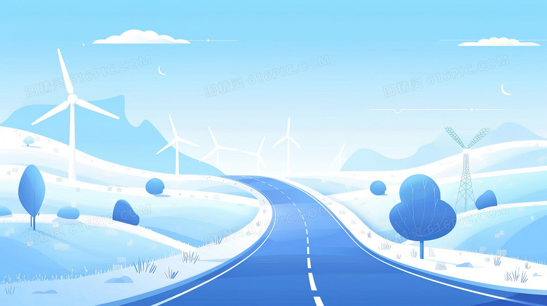 公路两旁的电力风车插画