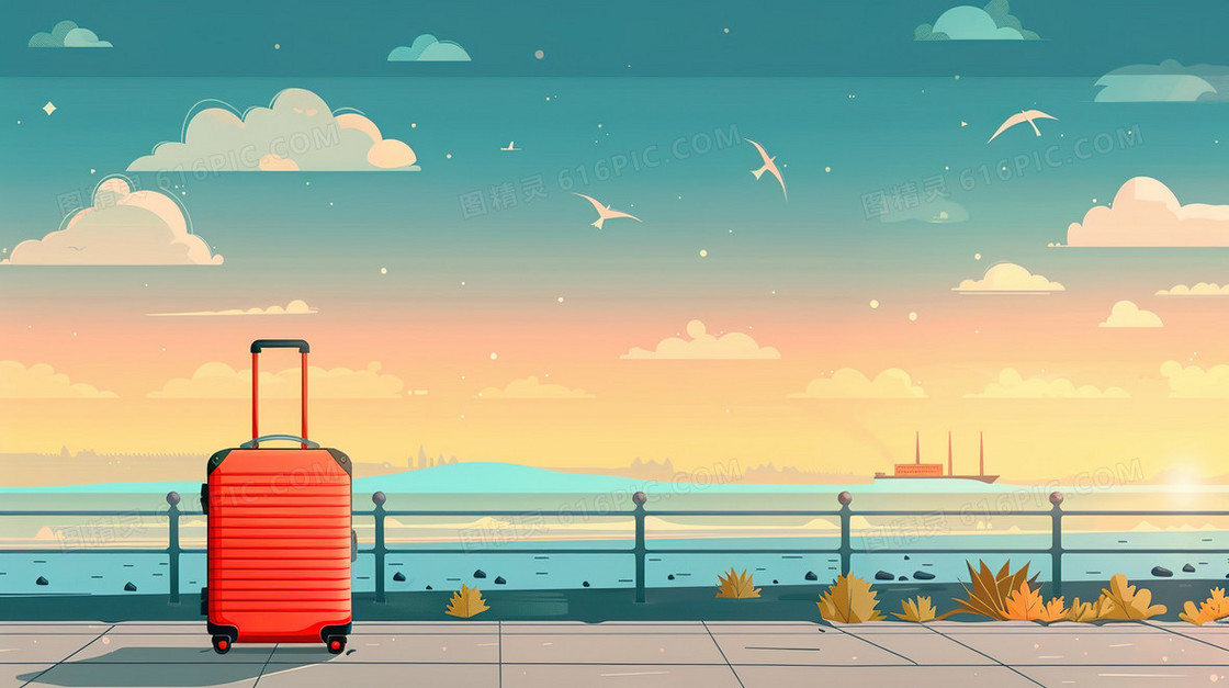 停放路边的旅行行李箱插画