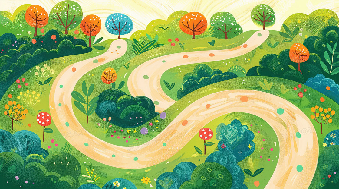 绿色蜿蜒的林间乡村小路插画