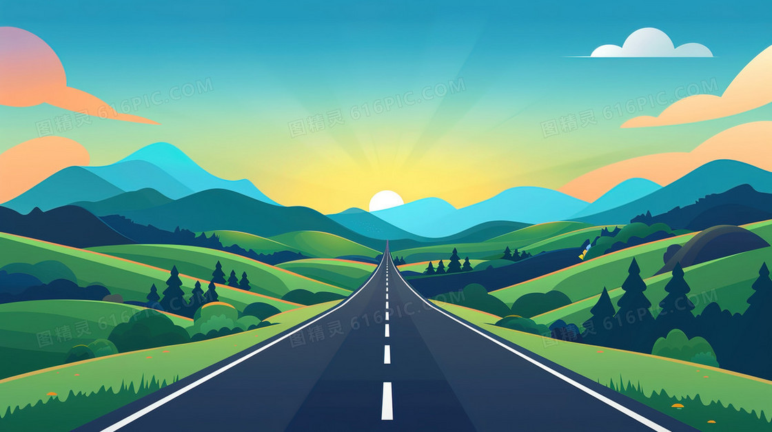 旅游路上的风景插画