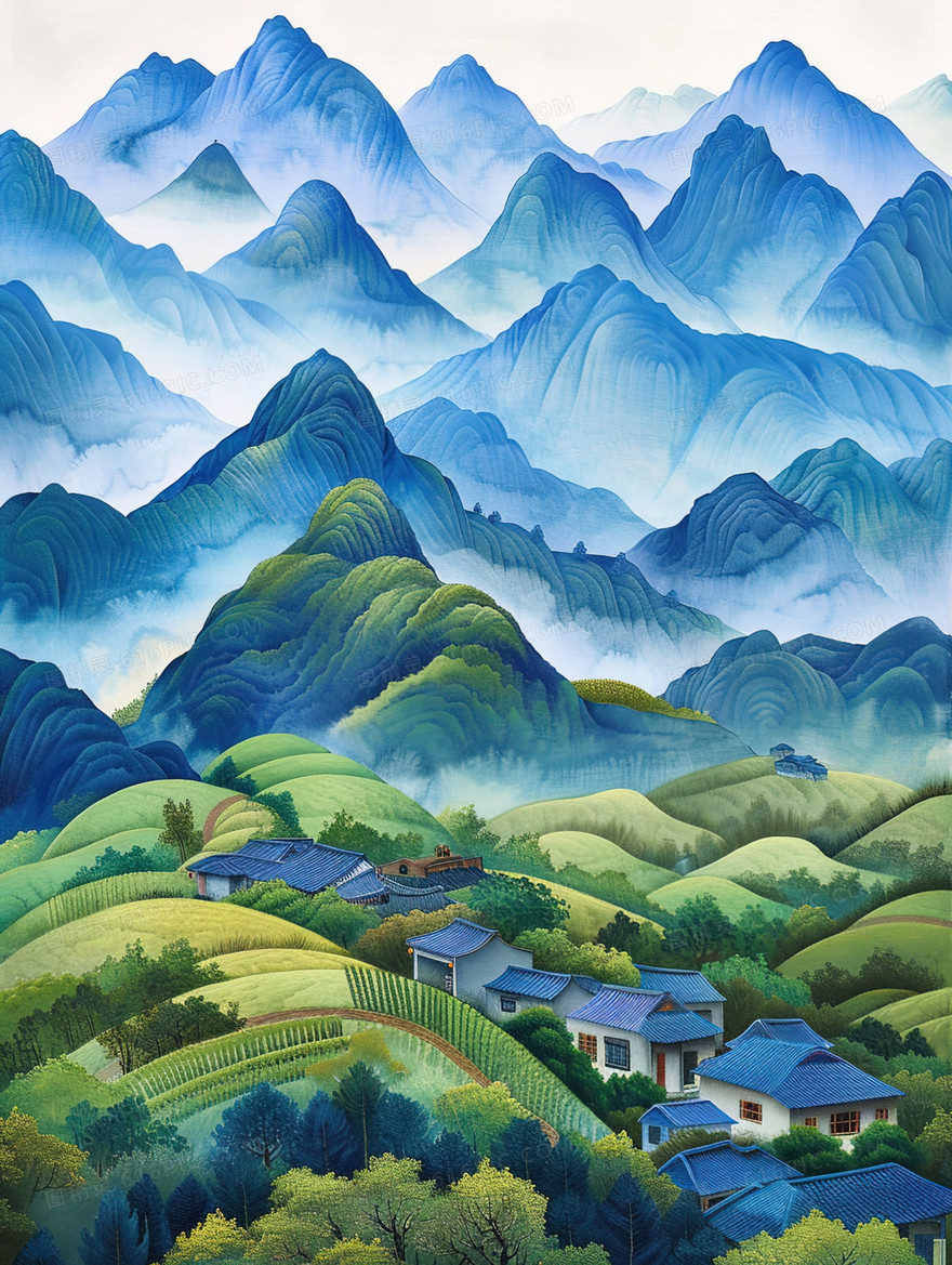 唯美青绿山水风景插画