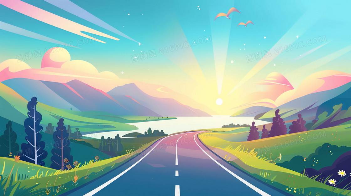 旅游路上的风景插画
