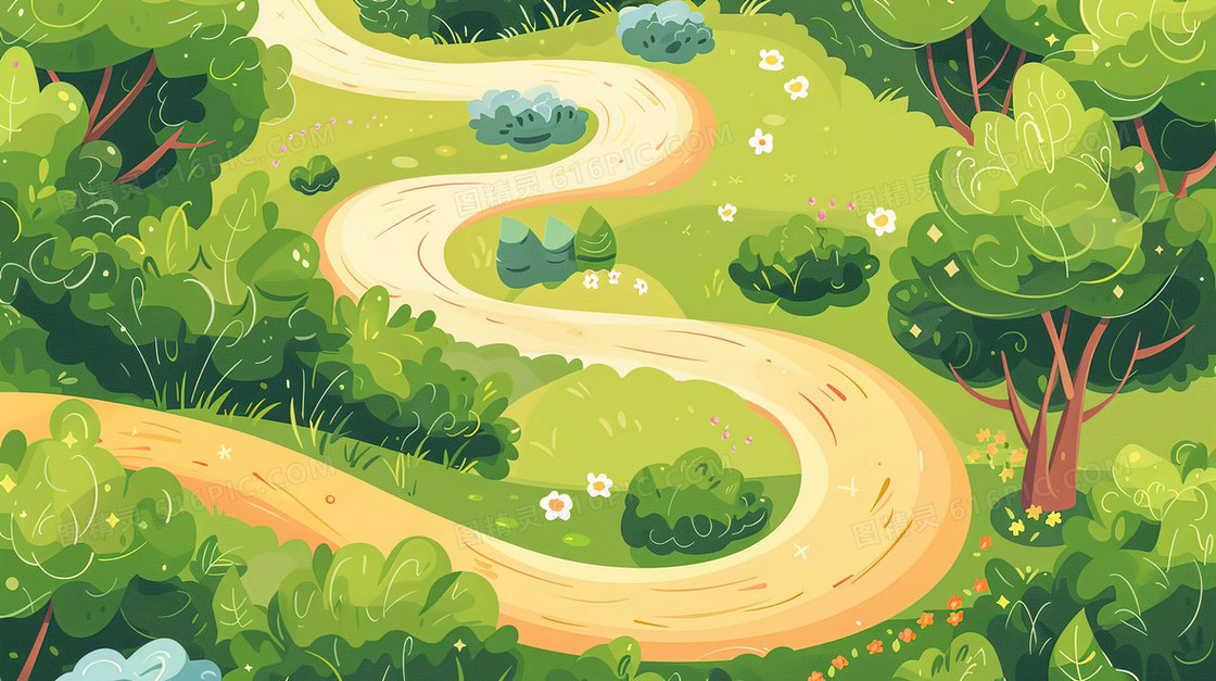 绿色蜿蜒的林间乡村小路插画