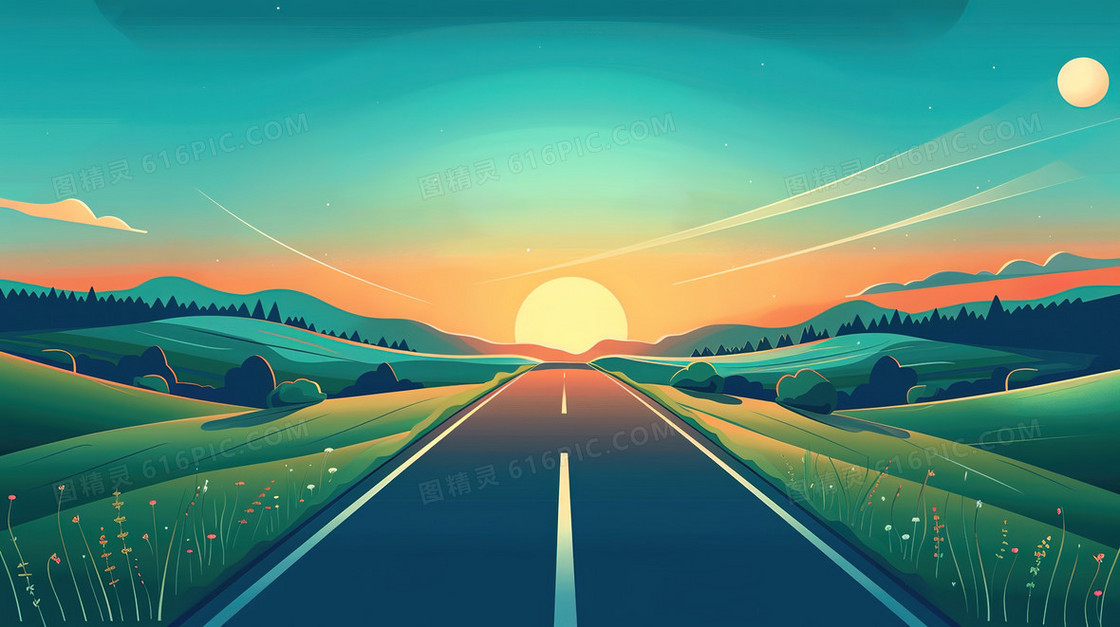 旅游路上的风景插画