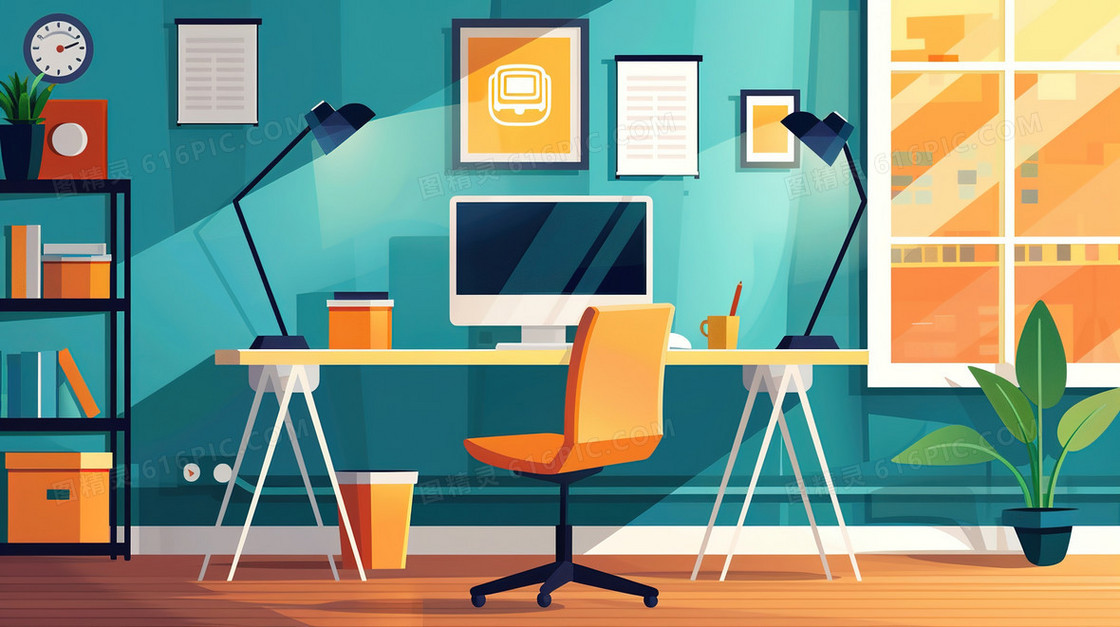 商务电脑工作办公桌插画