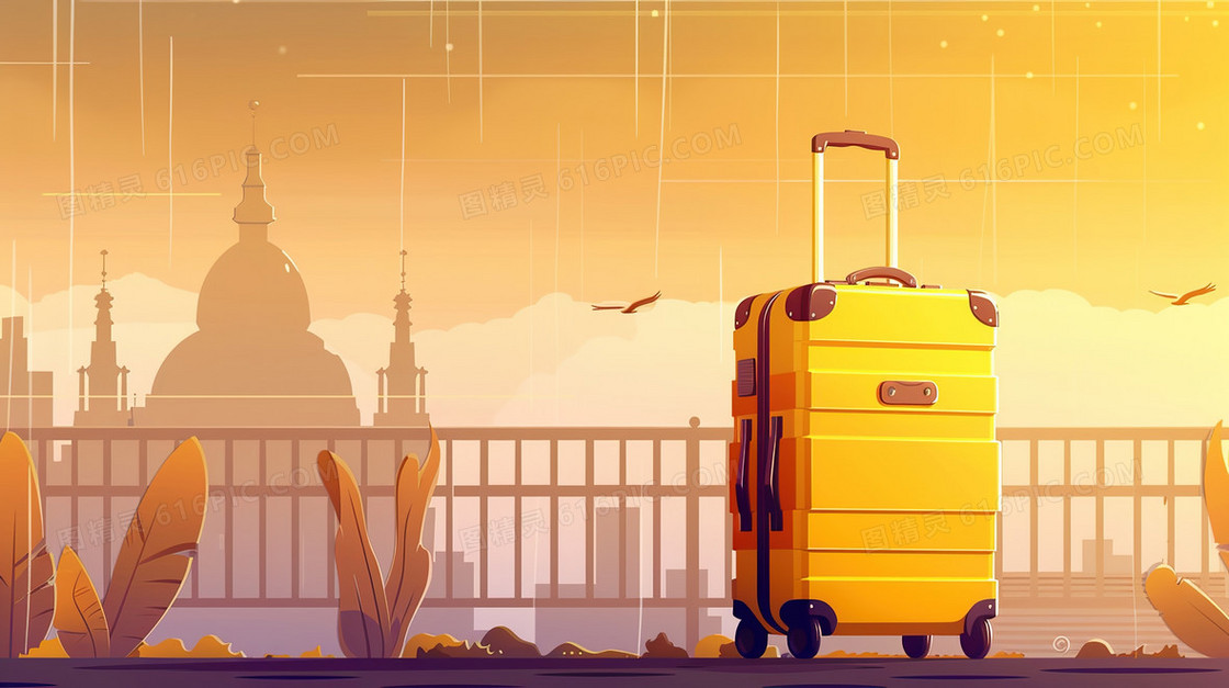 停放路边的旅行行李箱插画