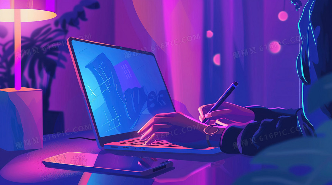 商务学习电脑办公桌插画