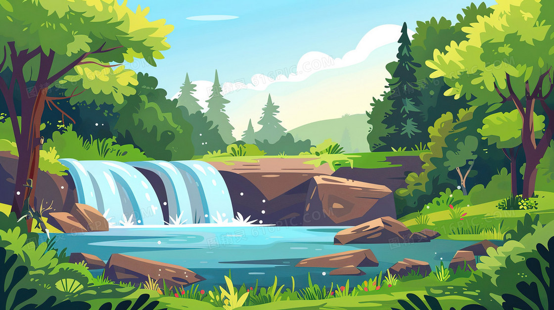 唯美绿色夏季森林瀑布风景插画