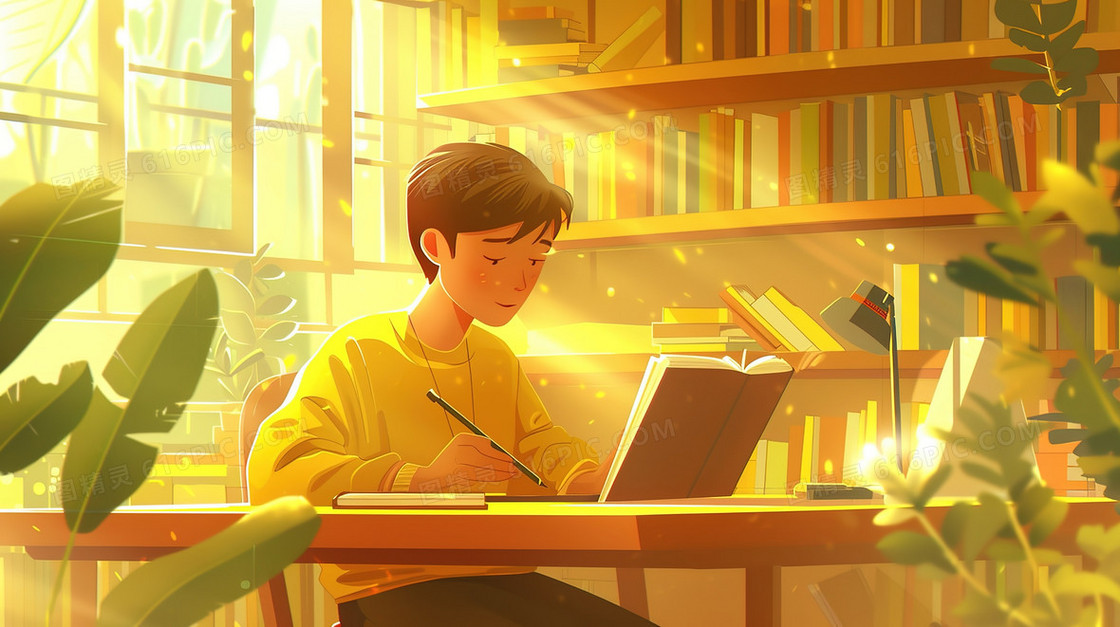 认真学习备考的男学生插画