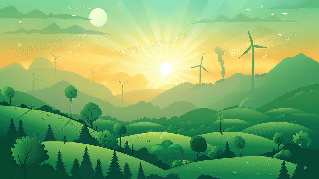 绿色环保田野风景插画