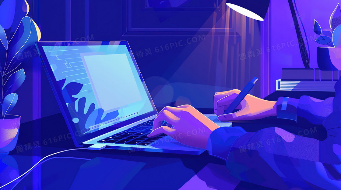 商务学习电脑办公桌插画