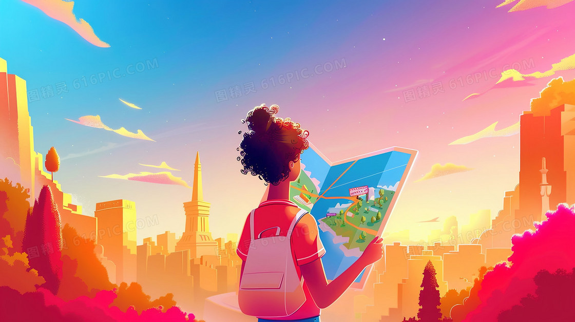 拿着旅游攻略旅游的女孩插画