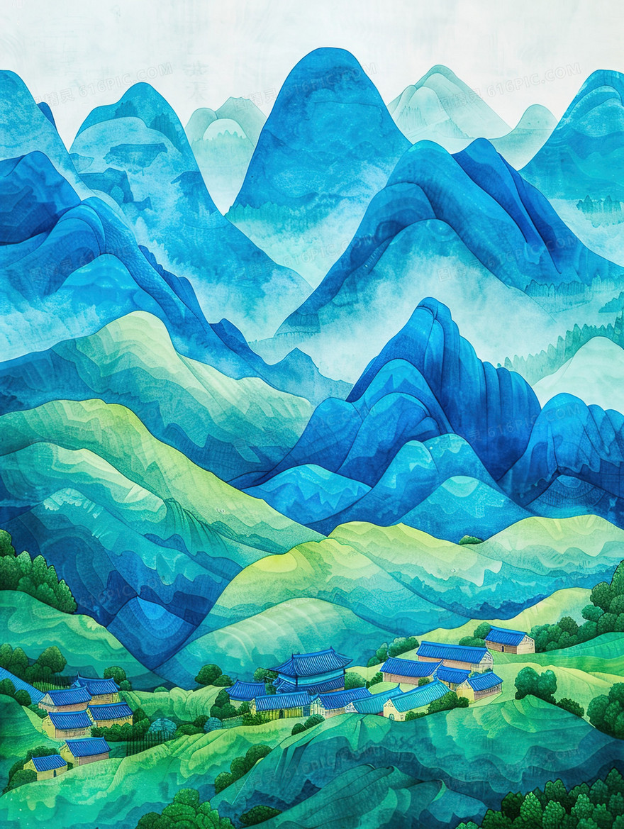 唯美青绿山水风景插画