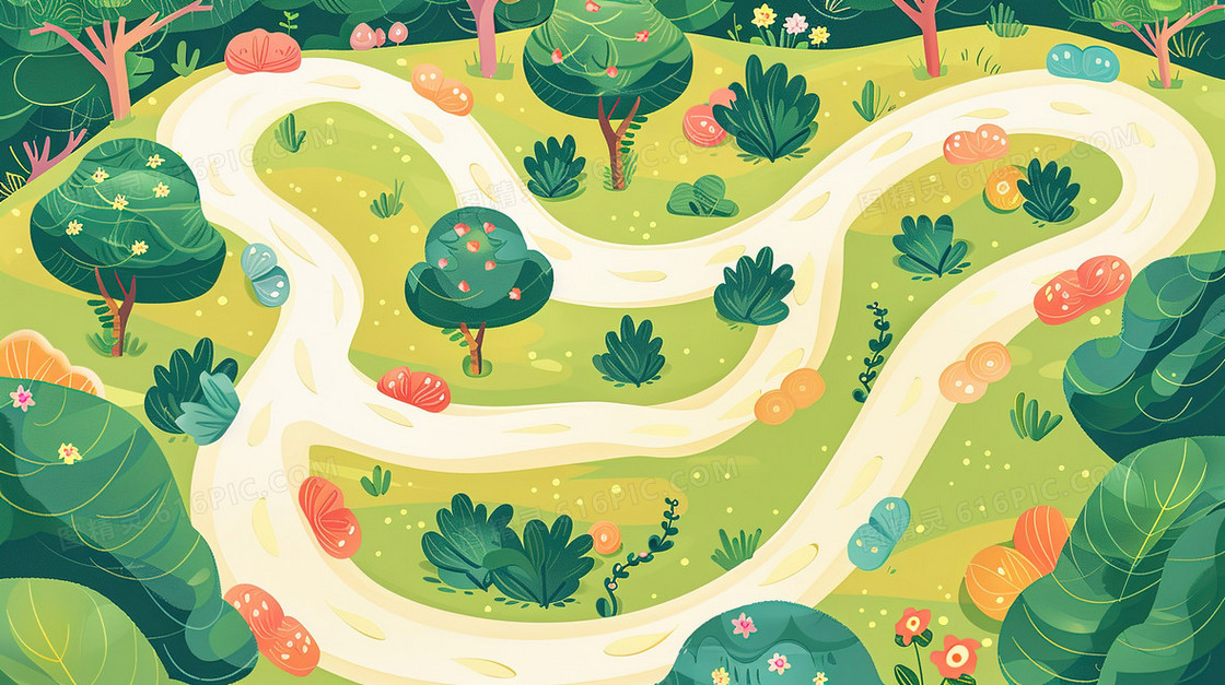 绿色蜿蜒的林间乡村小路插画