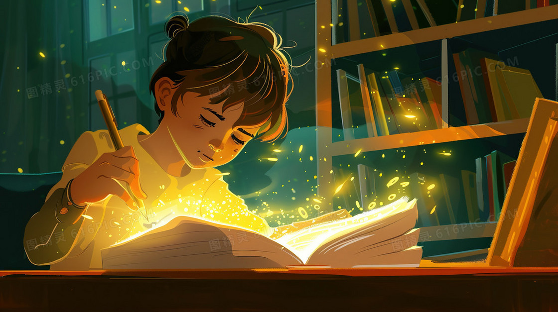 认真学习备考的女大学生插画