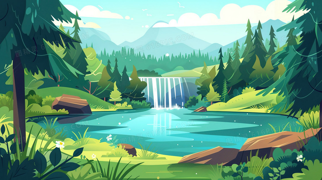 唯美绿色夏季森林瀑布风景插画