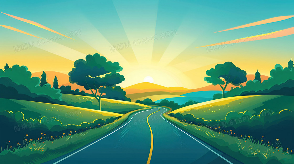 旅游路上的风景插画