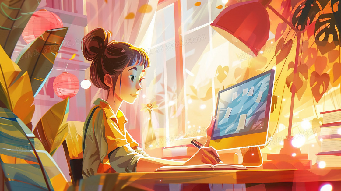 认真学习备考的女大学生插画