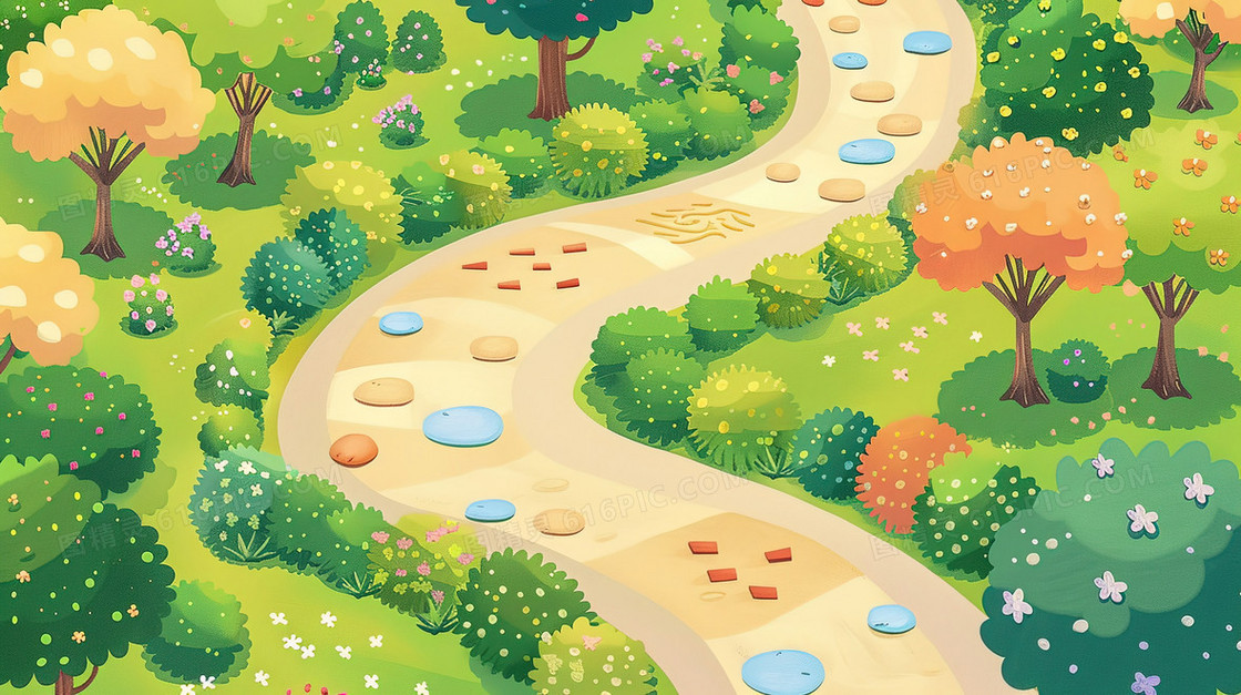 绿色蜿蜒的林间乡村小路插画