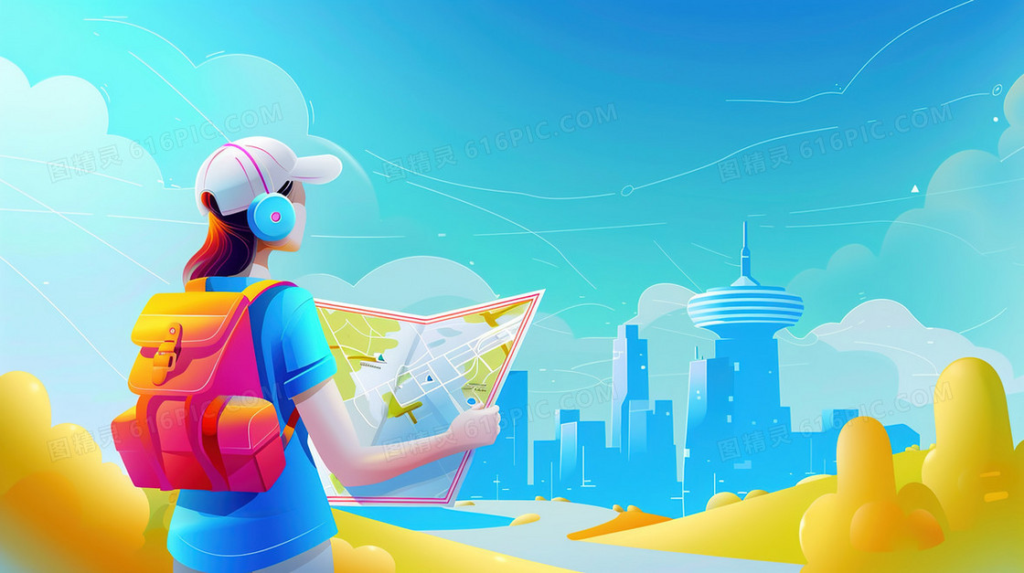 拿着旅游攻略旅游的女孩插画