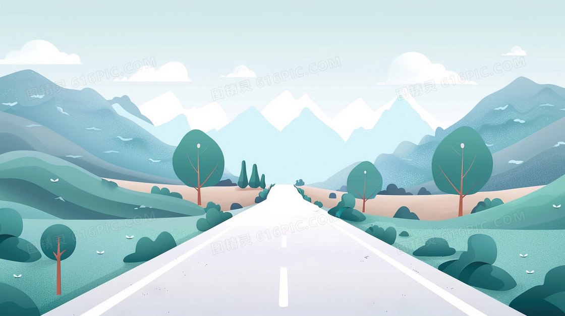 道路两旁的风景插画