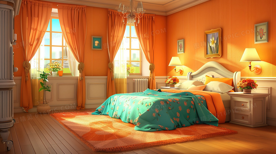 干净温馨的卧室床品插画