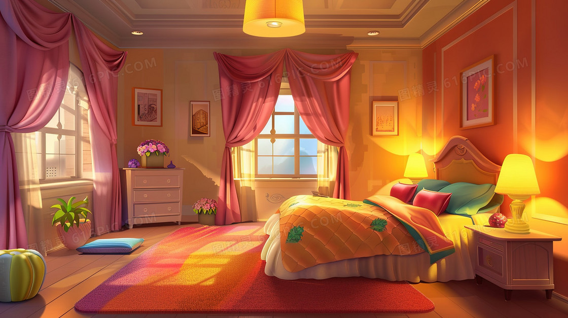 干净温馨的卧室床品插画