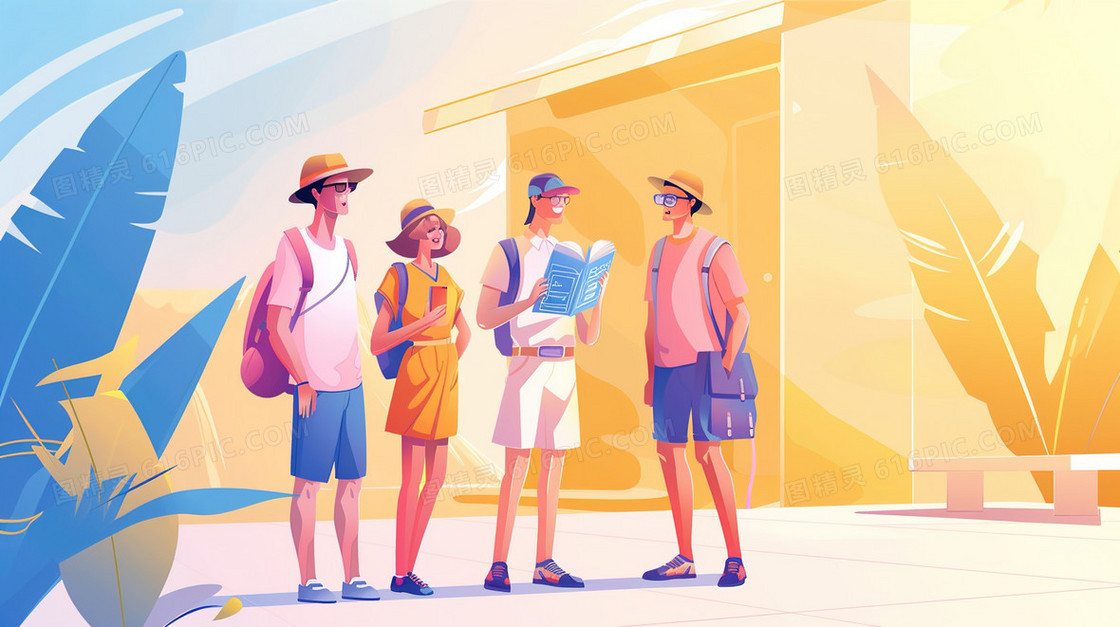 夏季度假旅游的年轻人插画