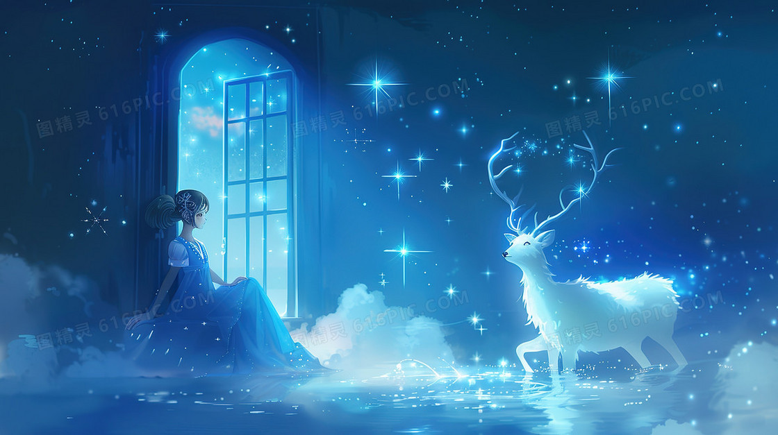 蓝色窗边的女孩与麋鹿插画
