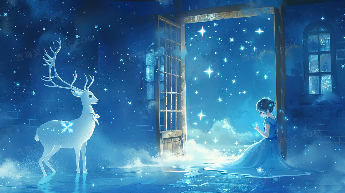 蓝色窗边的女孩与麋鹿插画
