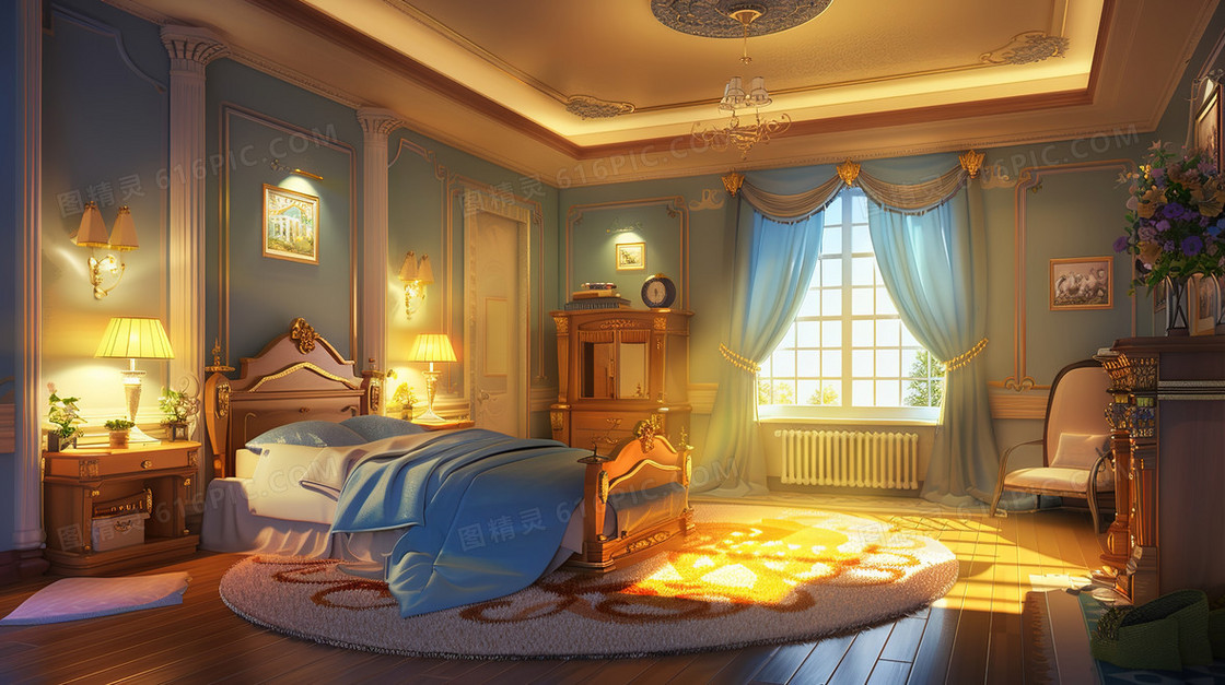 干净温馨的卧室床品插画