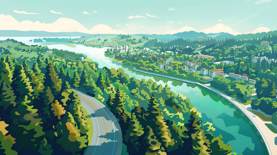 唯美夏季江边风景插画