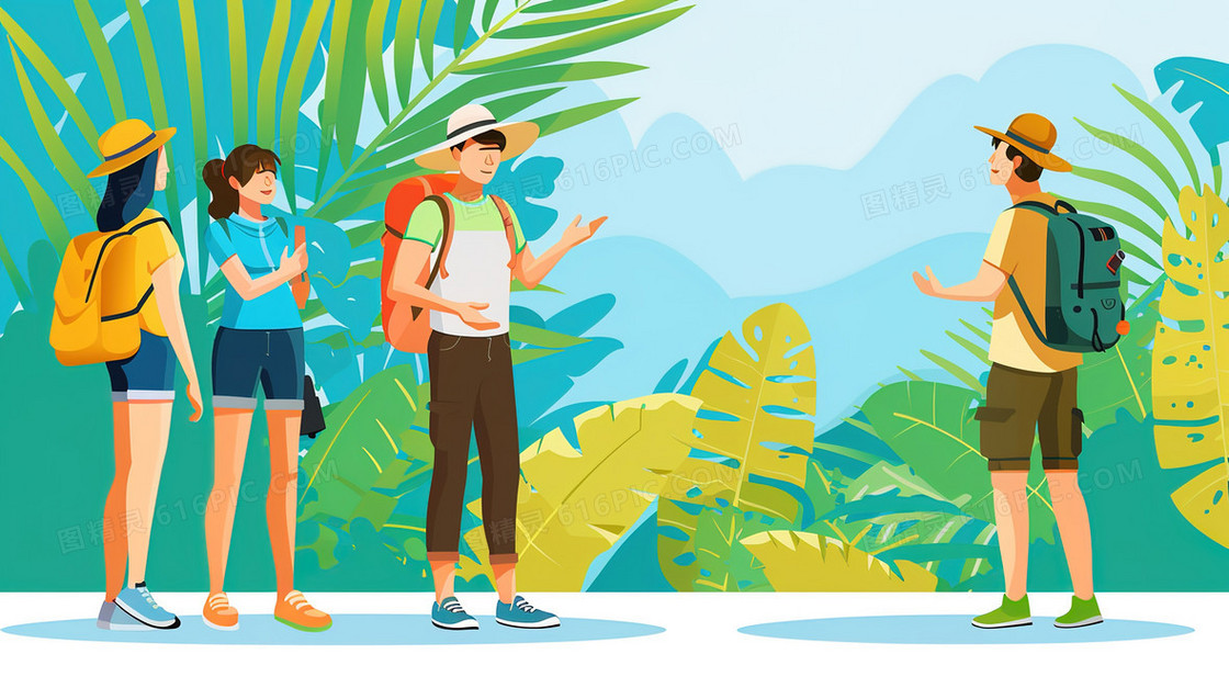 夏季度假旅游的年轻人插画