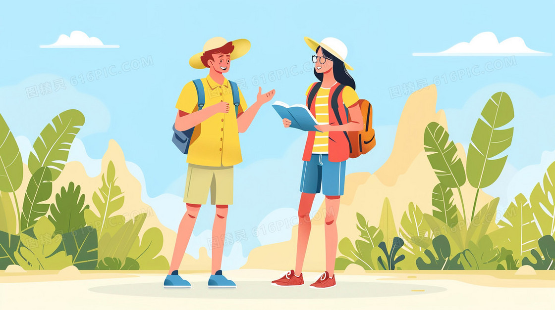 夏季度假旅游的年轻人插画