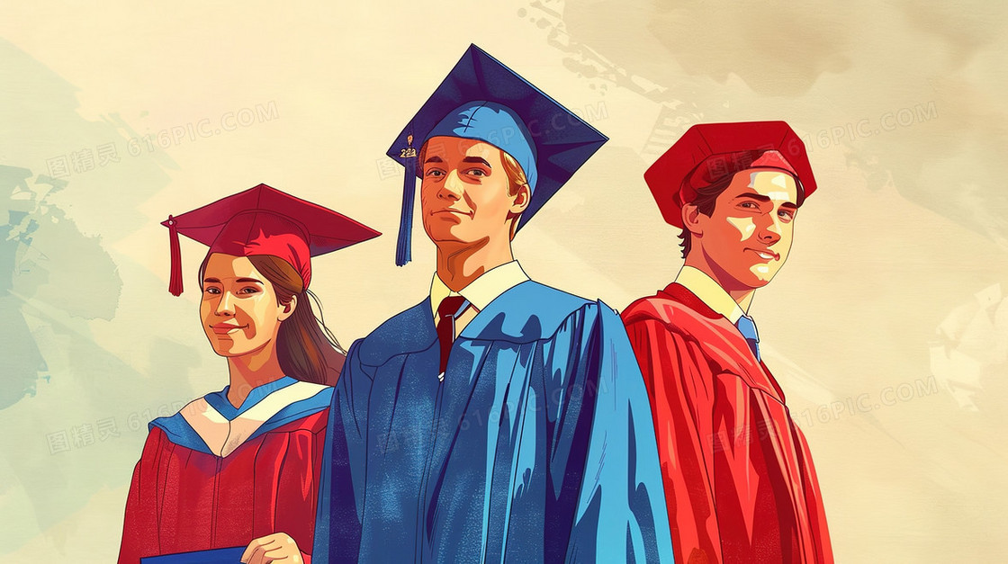 穿学士服毕业的学生插画
