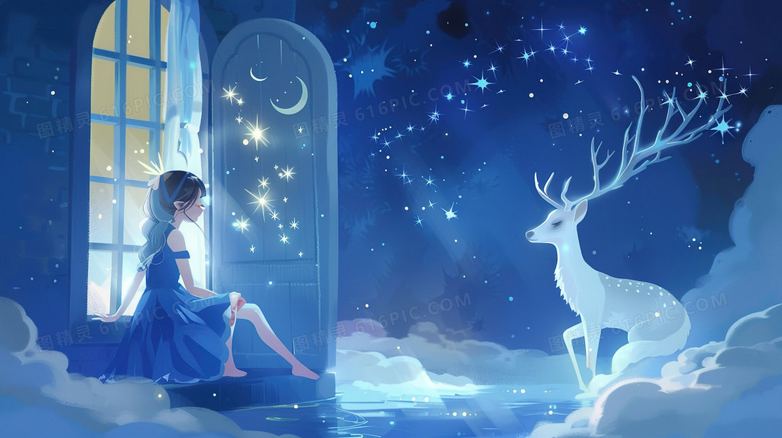 蓝色窗边的女孩与麋鹿插画