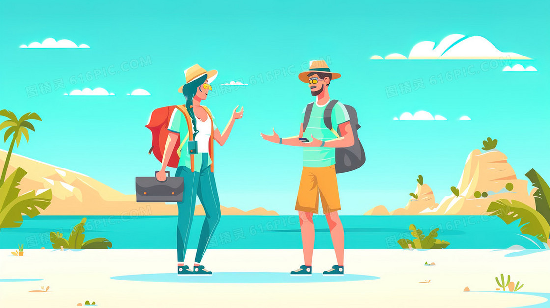 夏季度假旅游的年轻人插画