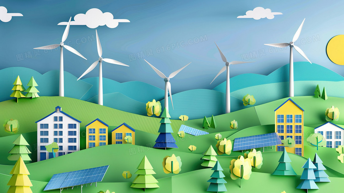 剪纸风新能源风力发电插画
