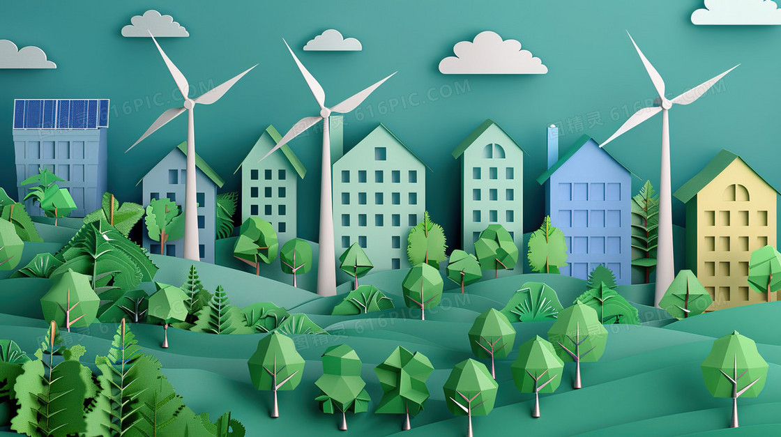 剪纸风新能源风力发电插画