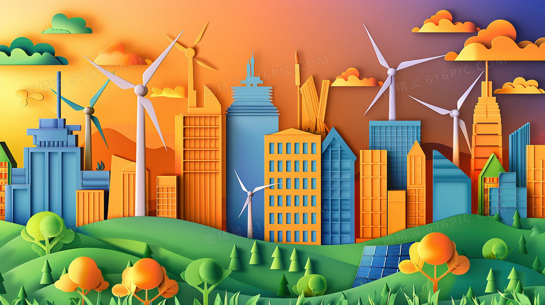 剪纸风新能源风力发电插画