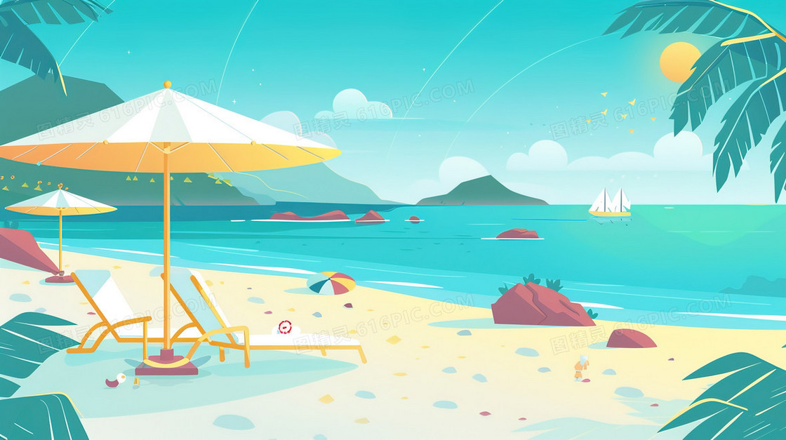 夏季沙滩海边度假旅游插画