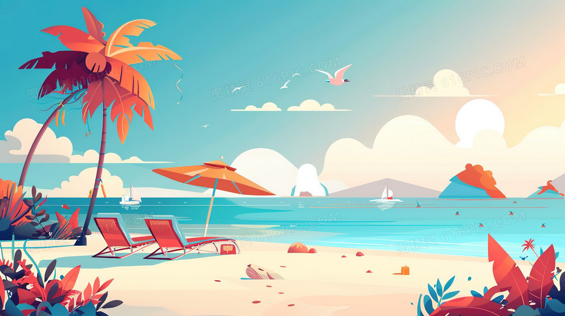 夏季沙滩海边度假旅游插画