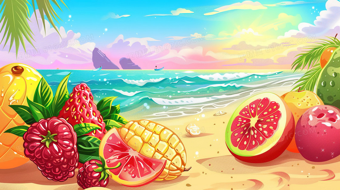 海边手绘水果组合插画