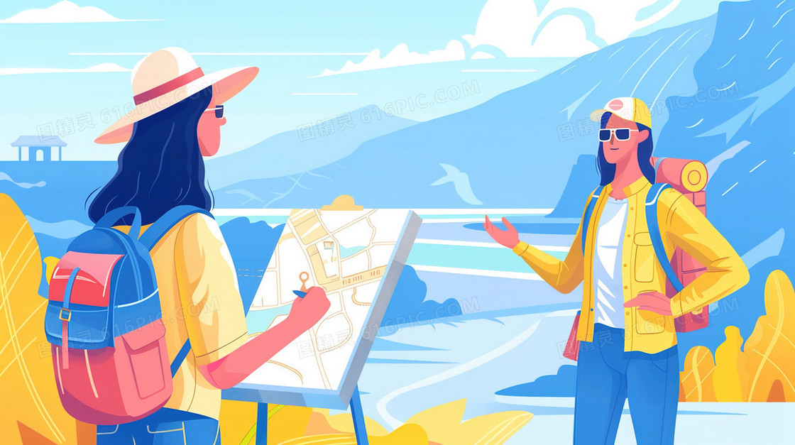 夏季度假旅游的年轻人插画