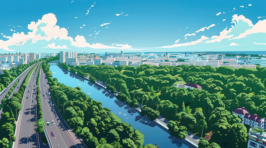 唯美夏季江边风景插画