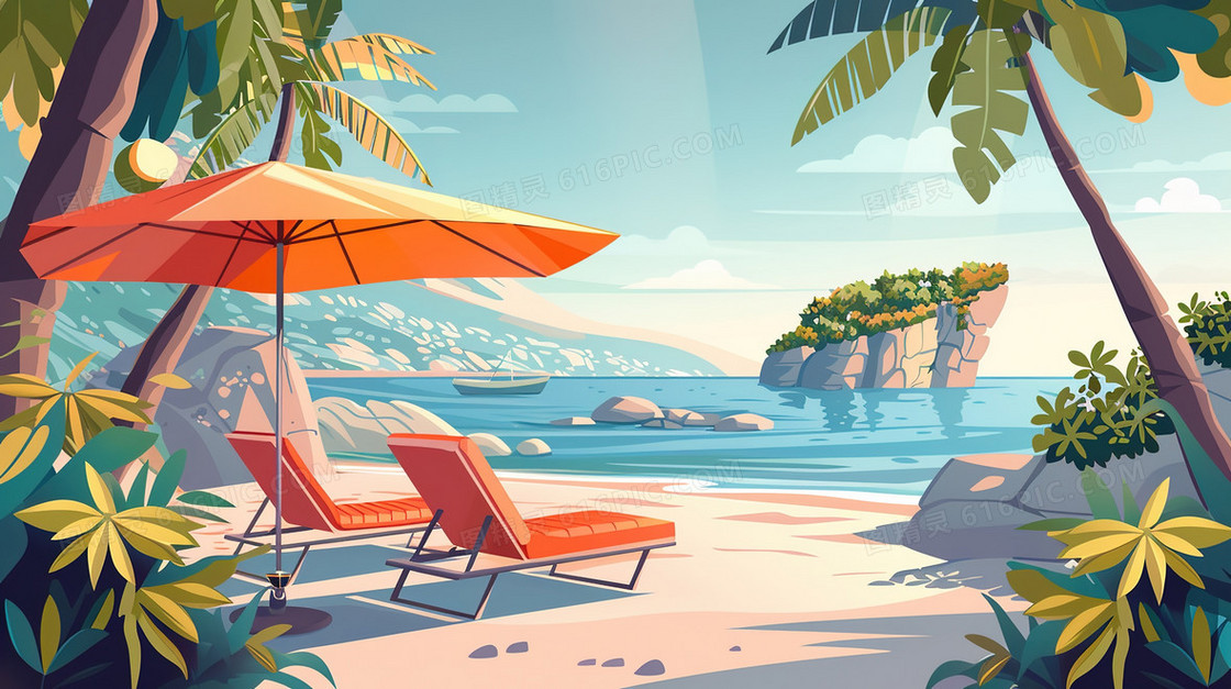 夏季沙滩海边度假旅游插画