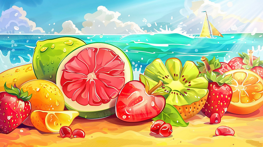 海边手绘水果组合插画