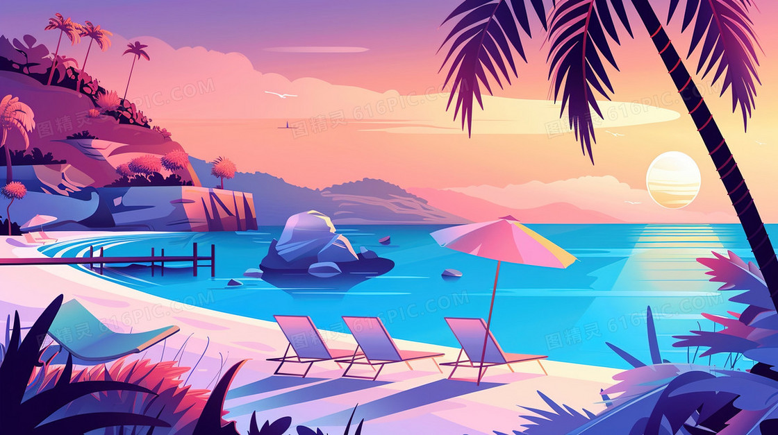 夏季沙滩海边度假旅游插画