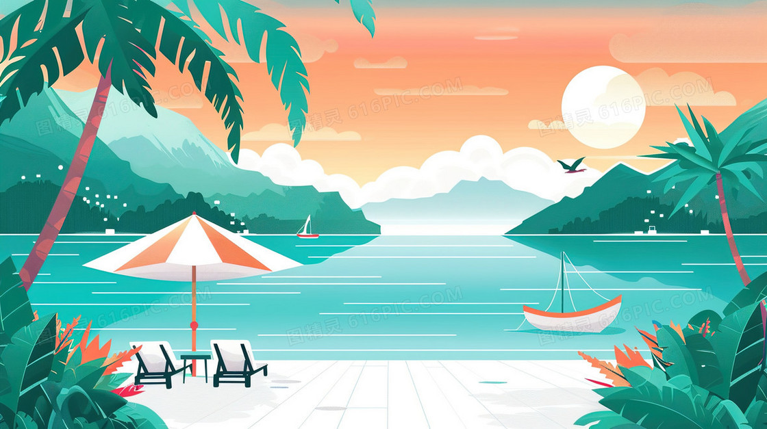 夏季沙滩海边度假旅游插画